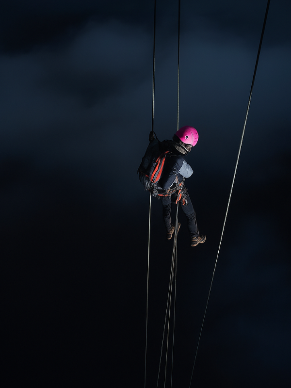 Técnico en trabajos verticales limpiando ventanas altas con equipo de protección personal.